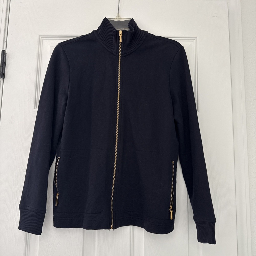 Lauren Ralph Lauren Navy‎ Zip Up Sweater Women's  Medium Gold Accents